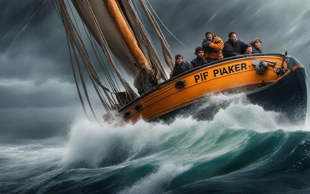 Richard Parker and Pi in the lifeboat during the ocean adventure